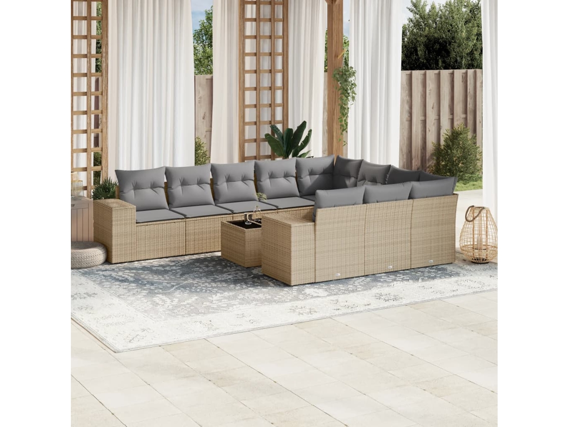 Vidaxl 11 Pcs Conjunto Sofás De Jardim C/ Almofadões Vime Pe Bege