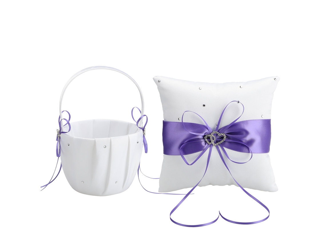 Laxiscreed Conjunto De Casamento 2 Peças: Cesta De Flores E Almofada De Anéis Em Cetim Branco Com Decoração De Corações E Strass