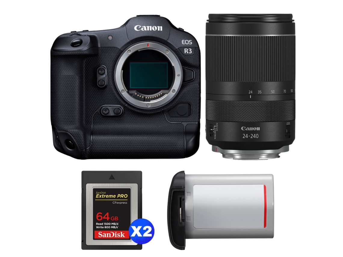Eos R3 + Rf 24 240mm F/4 6.3 Is Usm + 2 Sandisk 64gb Extreme Pro Cfexpress Type B + Canon Lp e19 + Ebook “20 Dicas para Fotos Que Impressionam” CANON