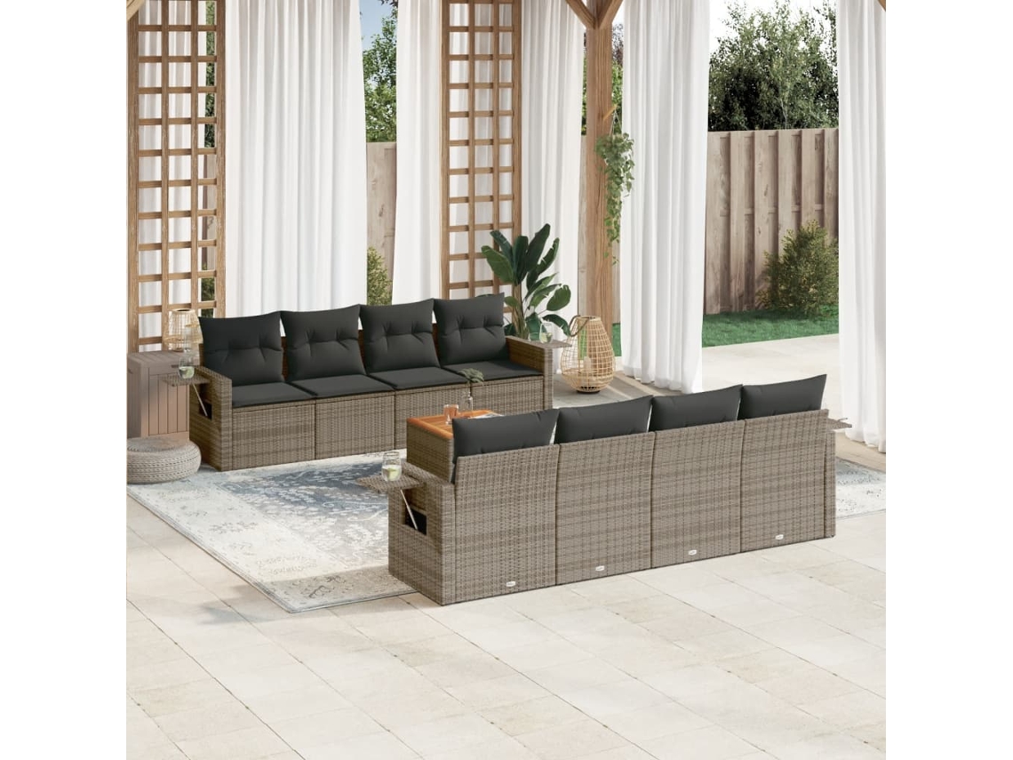 Vidaxl 9 Pcs Conjunto Sofás P/ Jardim Com Almofadões Vime Pe Cinzento