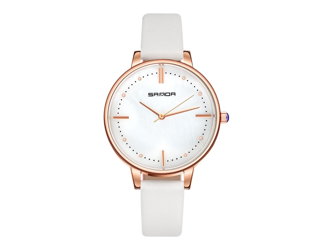 Relógio Feminino de Quartzo com Mostrador Grande Pulseira de Couro Pu Resistente À Água Branco
