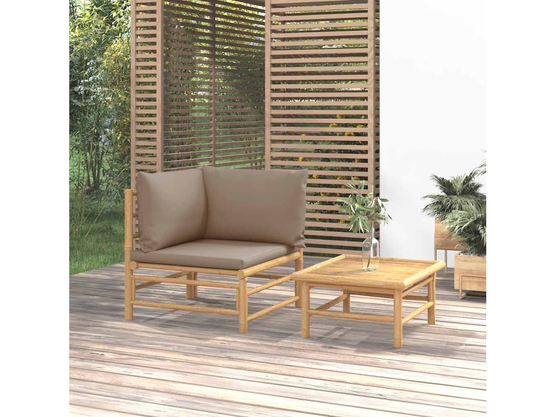 Vidaxl 2 Pcs Conj. Lounge Jardim Bambu Almofadões Cinzento-acastanhado