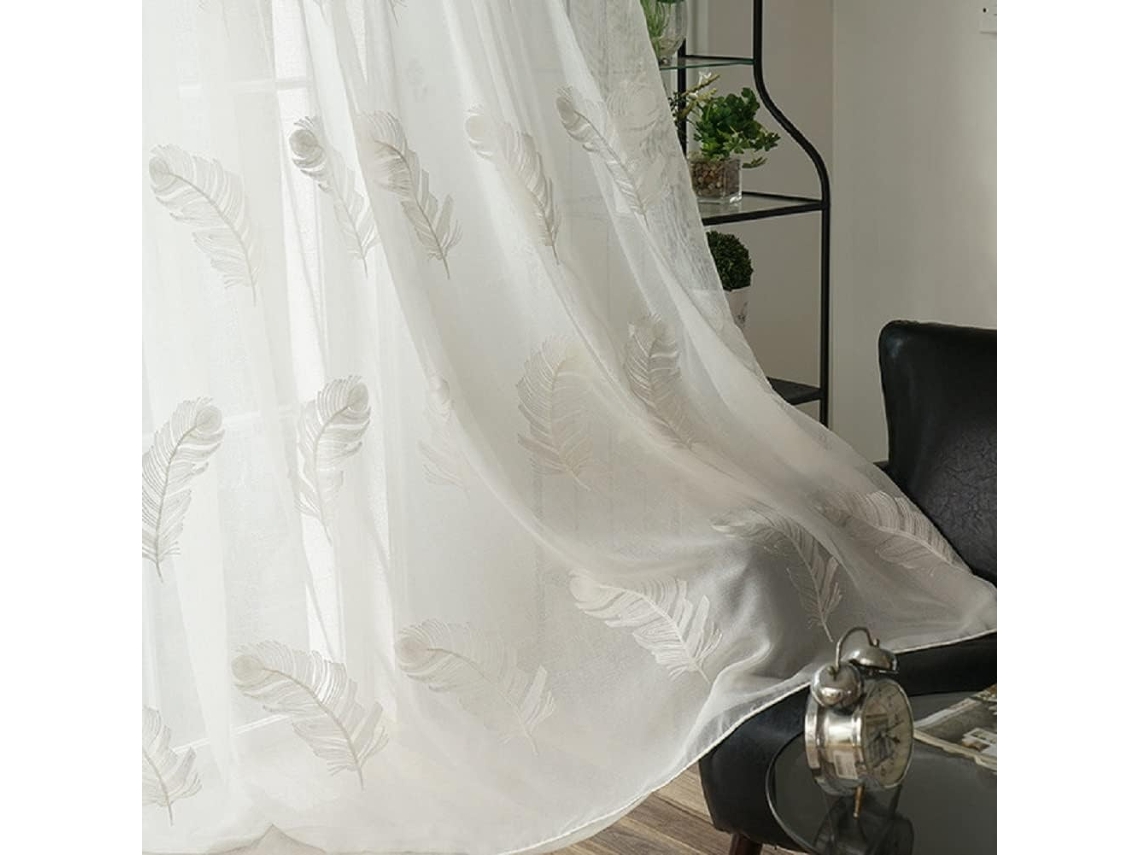 Simple And Natural Style Feather Pattern Embroidered Sheer Curtains, Suitable For Living Room And Bedroom, 100x270cm
