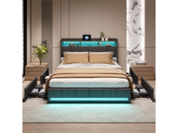 Cama De Casal 140x190 Cm Estofada Em Linho,cabeceira Com Armazenamento E Luz Led,total De 4 Gavetas,colchão Não Incluído,rosahqnda