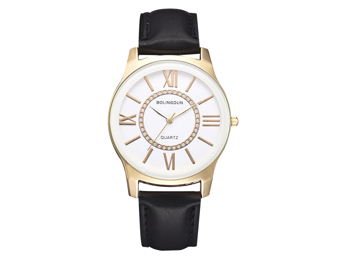 Relógio de pulso masculino com caixa em liga metálica e pulseira de couro PU, numerais romanos, estilo casual/executivo, na cor ouro branco.
