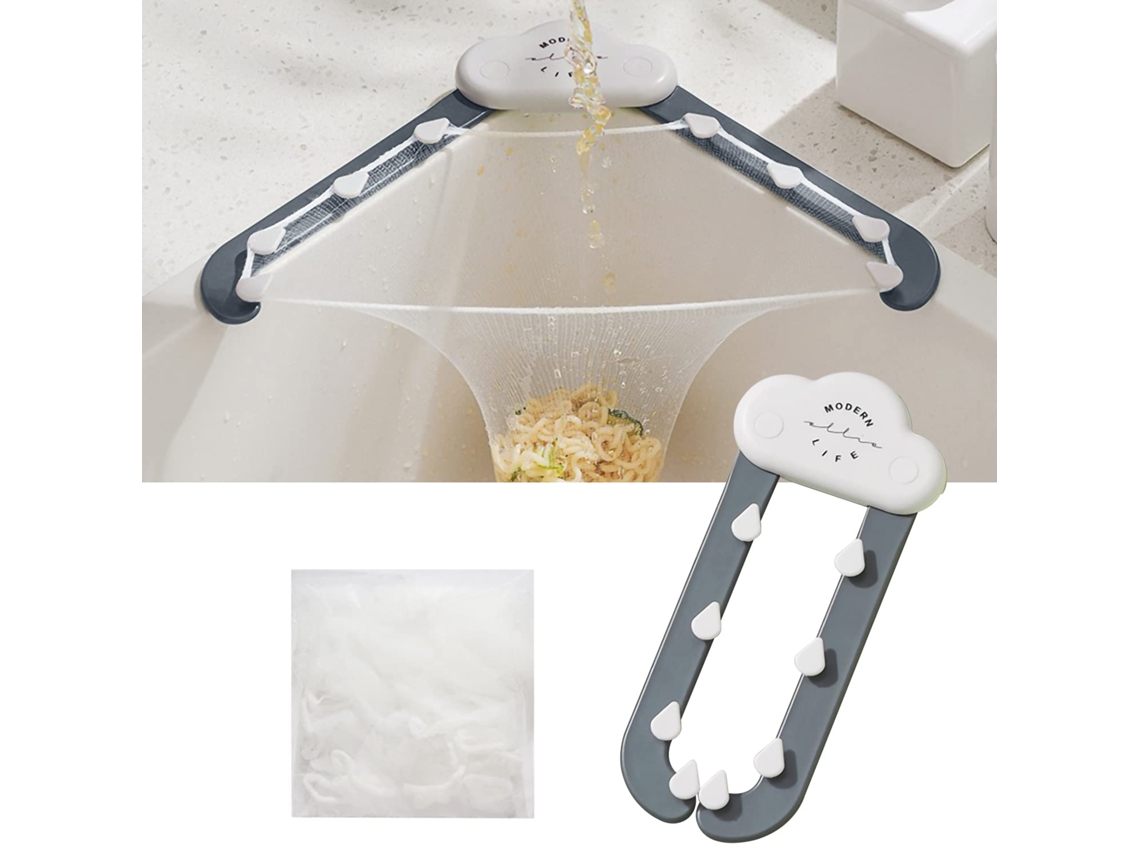 Filtro De Água Triangular Para Pia De Cozinha Com Suporte Triplo, Prateleira Dobrável E 100 Sacos De Malha Filtrante, Cinza