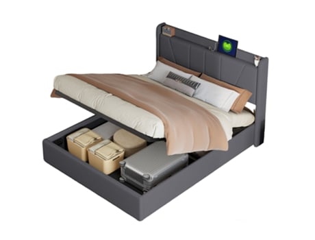 Cama De Casal 140x200 Cm, Cama Com Arrumação Hidráulica, Estofada Com Porta De Carregamento Usb, Cama Juvenil, Estrado De Ripas Funcional Mexus