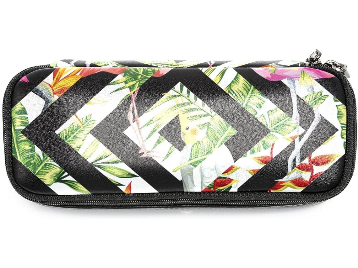 Estojo para lápis com estampa de papagaio e folha de palmeira, design tropical de flamingo, bolsa organizadora de maquiagem