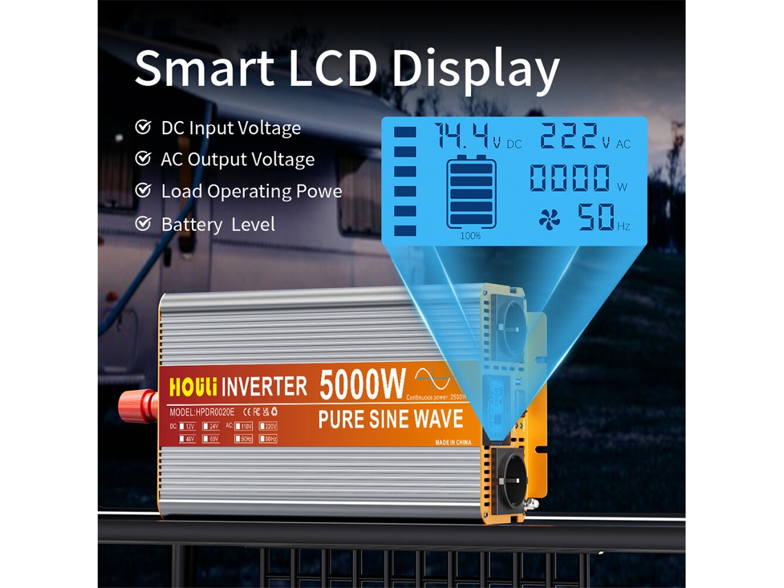 Houli Inversor Onda Senoidal Pura 2500w Pico 5000w Prata 212v Dc 12v Ac 220v Solar Rv Casa Caminhão Camping Lcd Controle Remoto