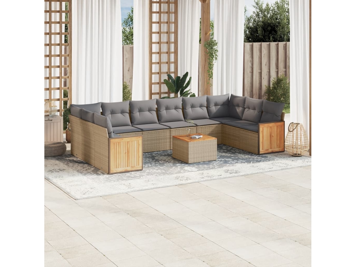 11 Pcs Conjunto Sofás De Jardim C/ Almofadões Vime Pe Bege Dkd Home Decor