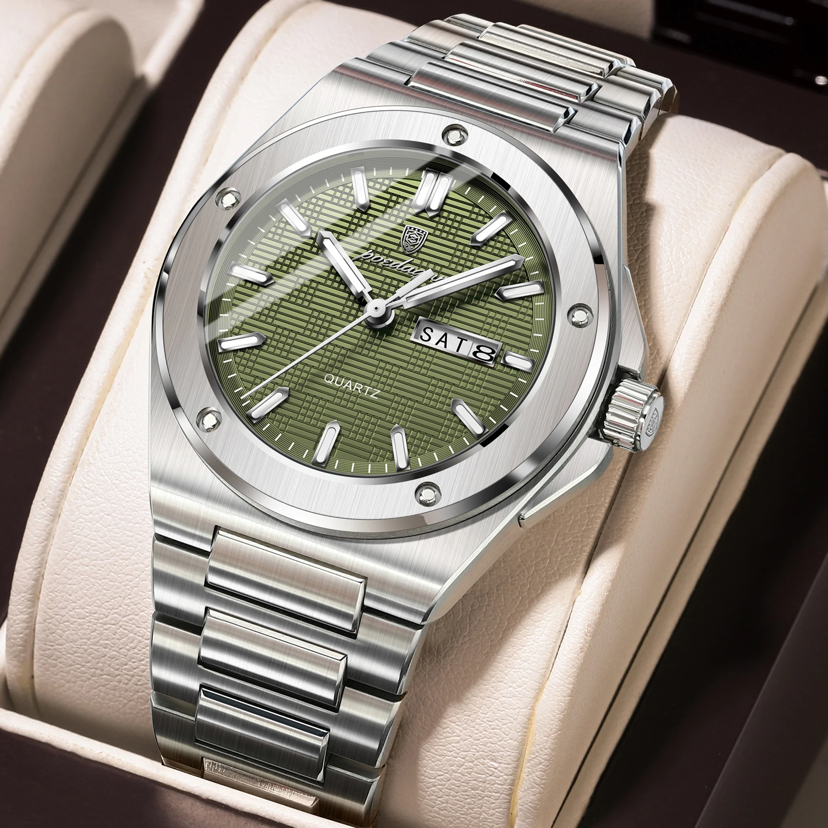 Relógio de quartzo masculino casual (roxo e verde menta), com exibição de data e dia, resistente à água e luminoso, elegante.