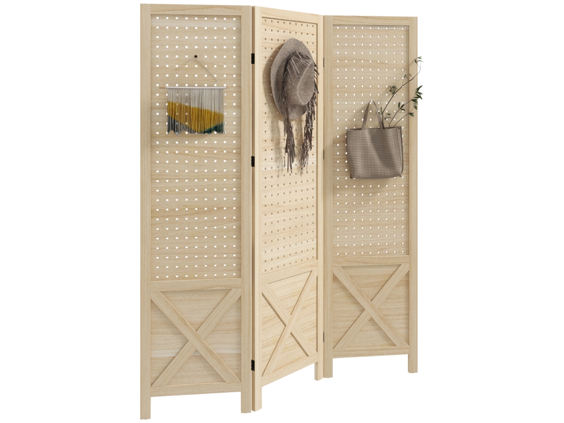 Divisória De Ambiente Dobrável De Madeira Com 3 Painéis E Painel Perfurado, 114 X 1,7 X 144,5 Cm, Madeira Natural.