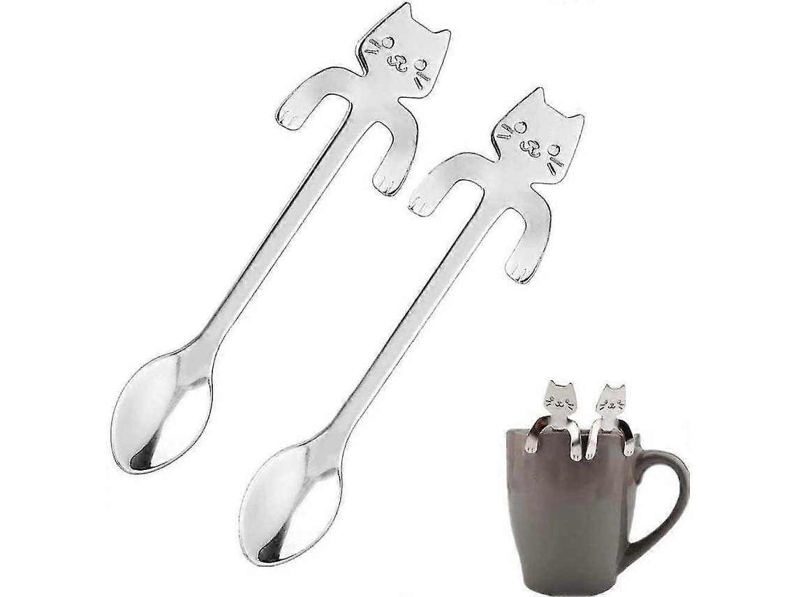 Colheres de Aço Inoxidável 304, 2 Peças de Brinde com Design de Gato para Café, Chá e Sobremesas
