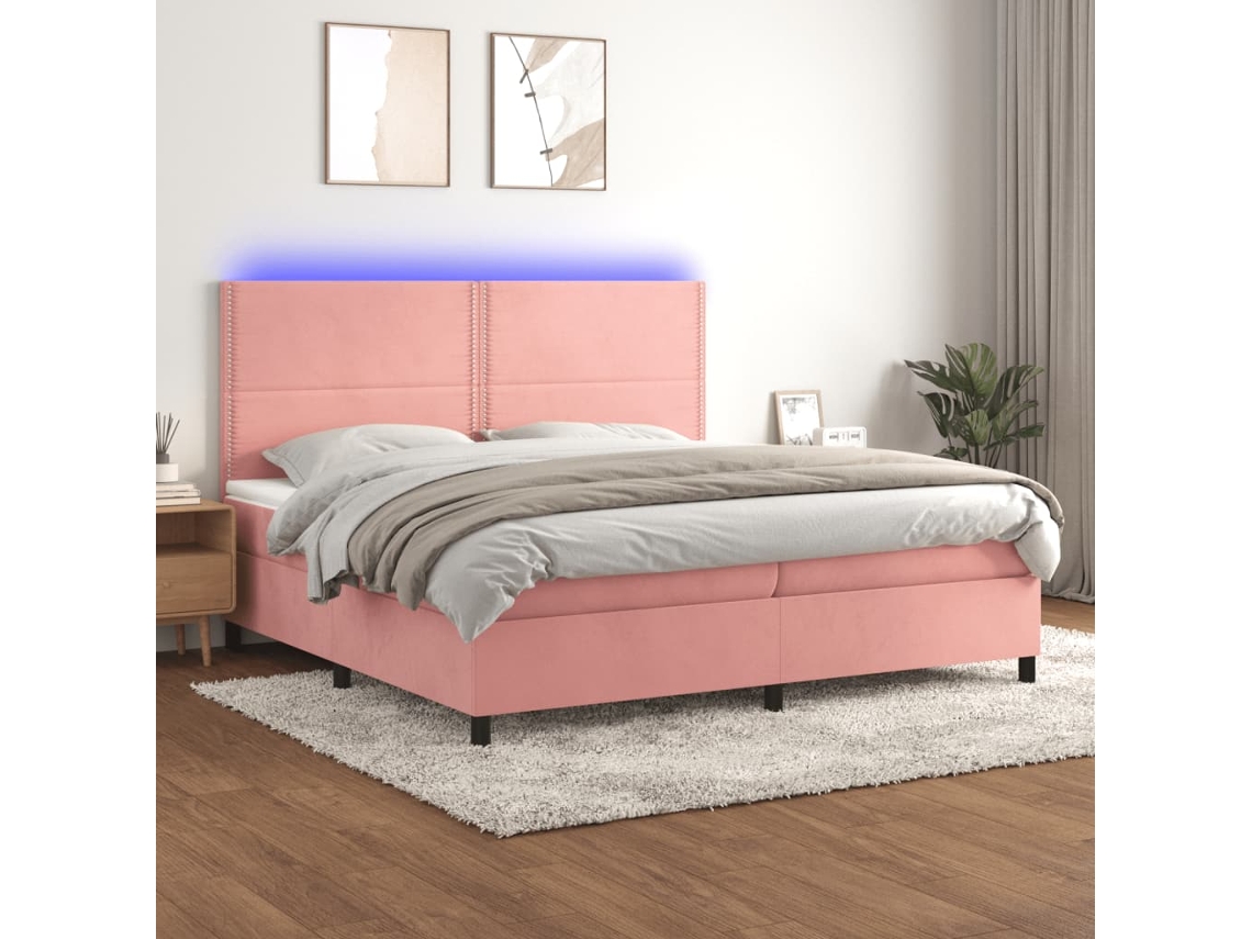 Vidaxl Cama Box Spring C/ Colchão/led 200x200 Cm Veludo Rosa