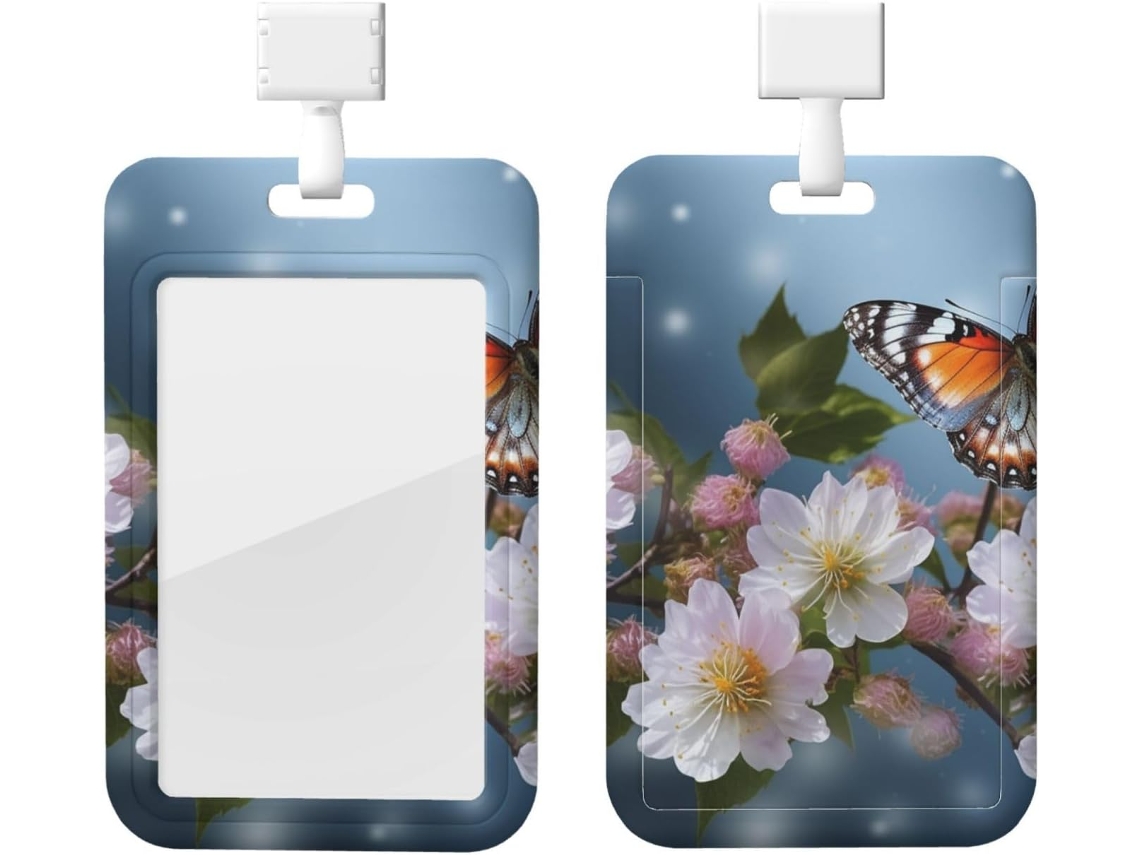 Porta-cartões Crachá com estampa de borboletas e flores, protetor de cabos vertical, camada plástica impermeável, porta-cartões