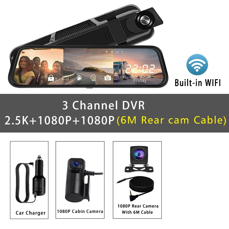(3 Lentes - 6m 64g) Câmera Veicular De 10 Polegadas Com Três Canais, Resolução 2.5k, Wi-fi E Gps, Espelho Retrovisor