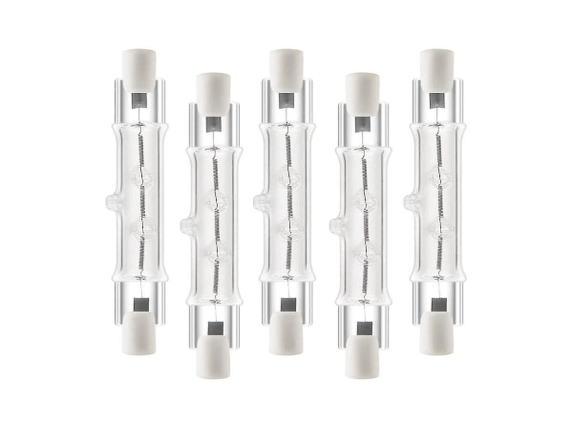 Kit com 5 lâmpadas halógenas lineares Lurelia R7s 300w 220v 118mm, dimerizáveis, sem fita adesiva, cápsula transparente, para spots.