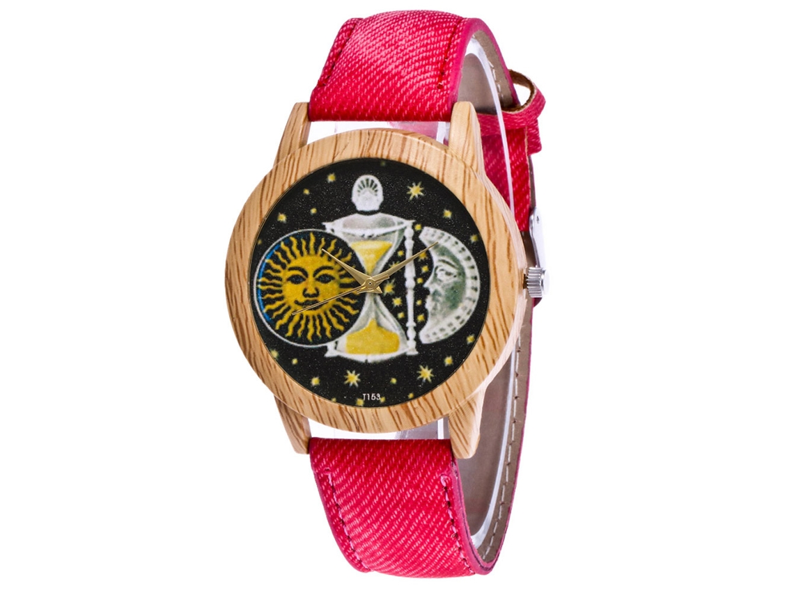 Relógio de pulso unissex de quartzo com pulseira de jeans, estampa de sol e lua, vermelho Zhoulianfa