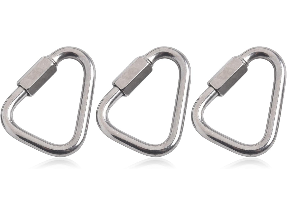 Conjunto de 3 mosquetões triangulares em aço inoxidável com trava