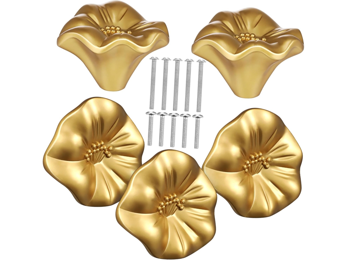 Puxadores De Porta Angooily Com Design Floral, 5 Peças, Para Gavetas E Móveis, Com Acabamento Dourado