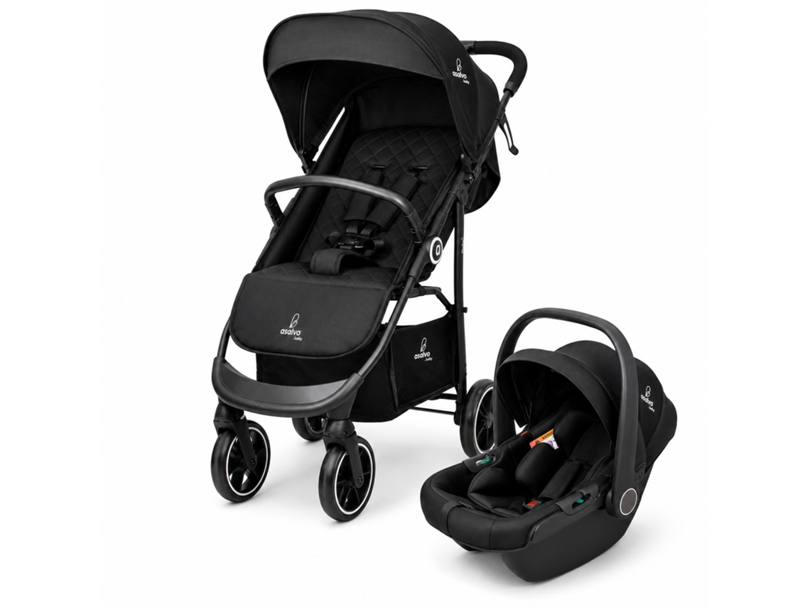 Travel System Asalvo Oslo 2 - Carrinho + Cadeira Auto Gr.0+, Dobrável A Uma Mão, Spf50+ - Preto