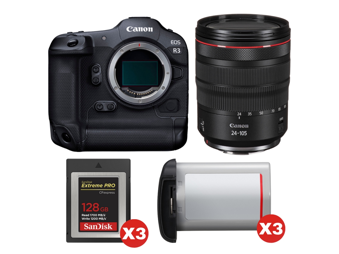 Eos R3 + Rf 24 105mm F/4 L Is Usm + 3 Sandisk 128gb Extreme Pro Cfexpress Type B + 3 Canon Lp e19 + Ebook “20 Dicas para Fotos Que Impressionam” CANON