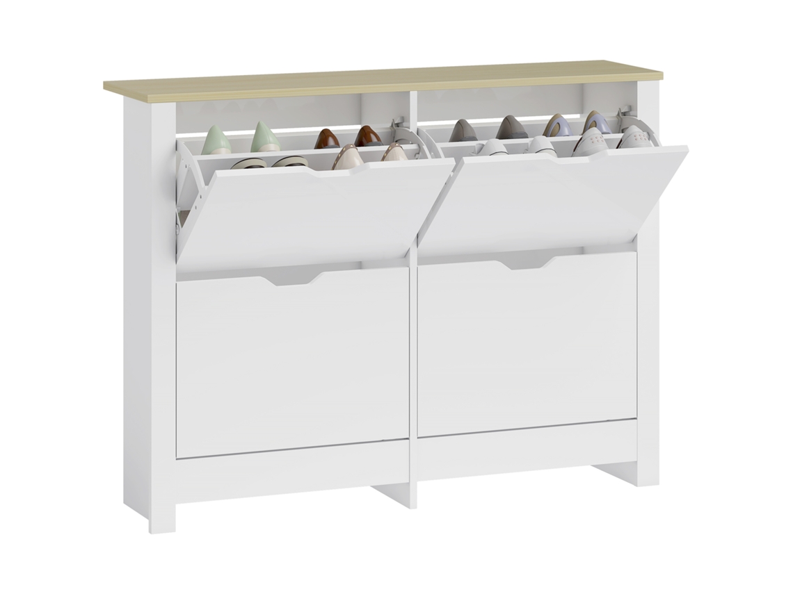Sapateira CHEZMOI moderna para hall, 4 compartimentos, prateleiras reguláveis, Dimensões 105x26x80 cm, Branco e Carvalho