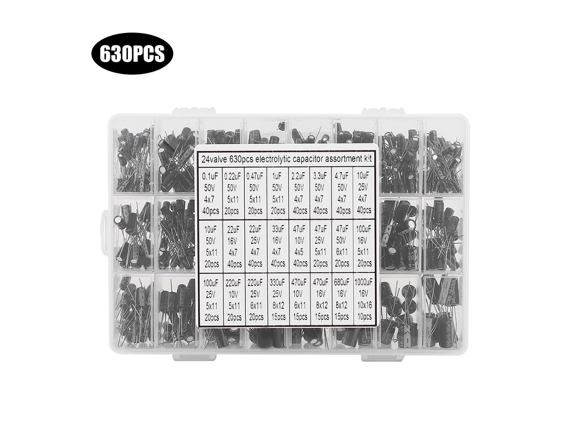 Kit de Capacitores Eletrolíticos 630 Peças 24 Modelos 0.1uf 1000uf 50v com Caixa de Armazenamento | S/MARCA