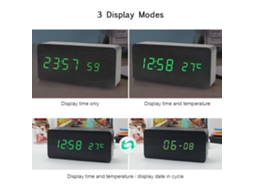 Despertador digital LED de madeira Baok com hora/temperatura/data, 3 níveis de brilho, controle de voz, alimentação USB ou por bateria - Preto
