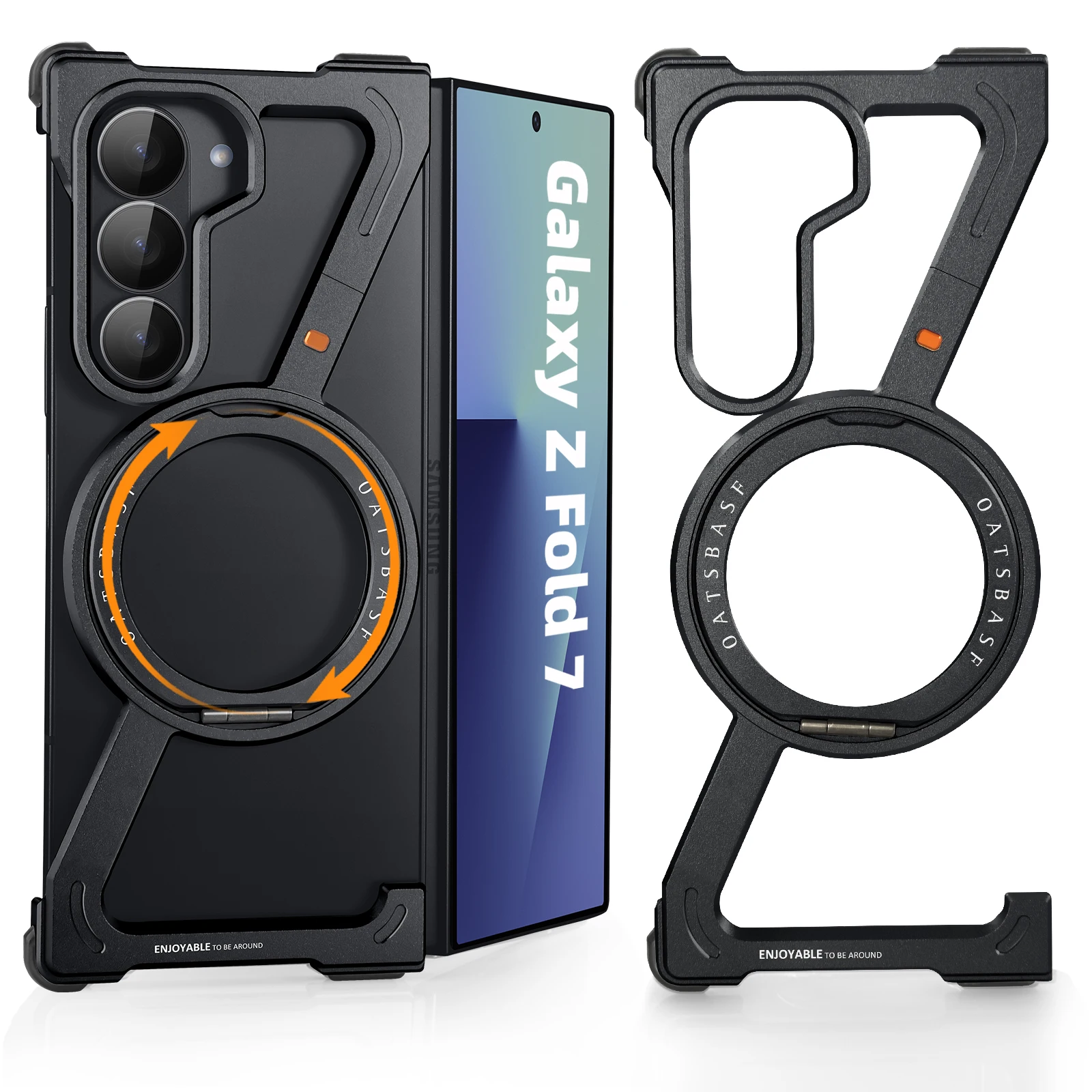 Capa Protetora De Liga De Alumínio (preta) Para Galaxy Z Fold 7 Com Suporte Magnético Giratório De 360°.