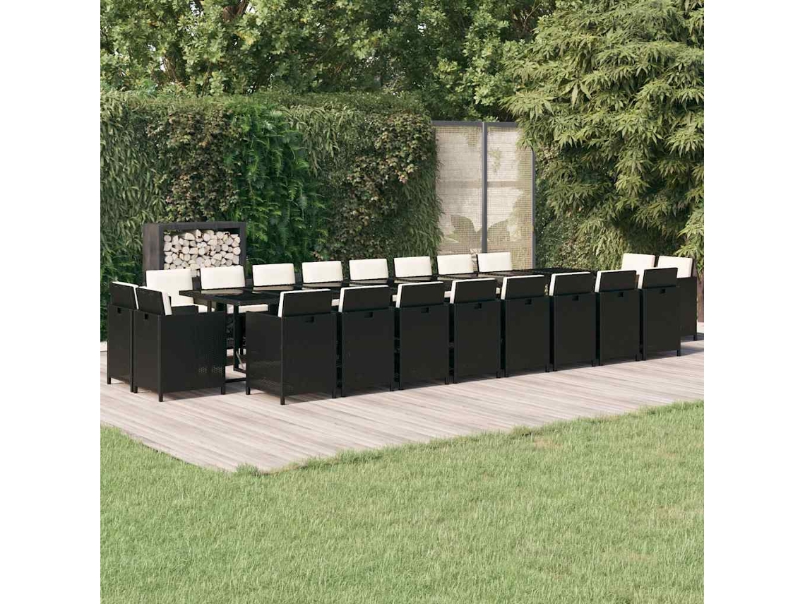 Vidaxl 21 Pcs Conjunto Jantar P/ Jardim C/ Almofadões Vime Pe Preto