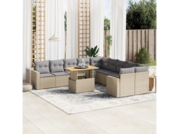 11 Pcs Conjunto Sofás De Jardim C/ Almofadões Vime Pe Bege Dkd Home Decor