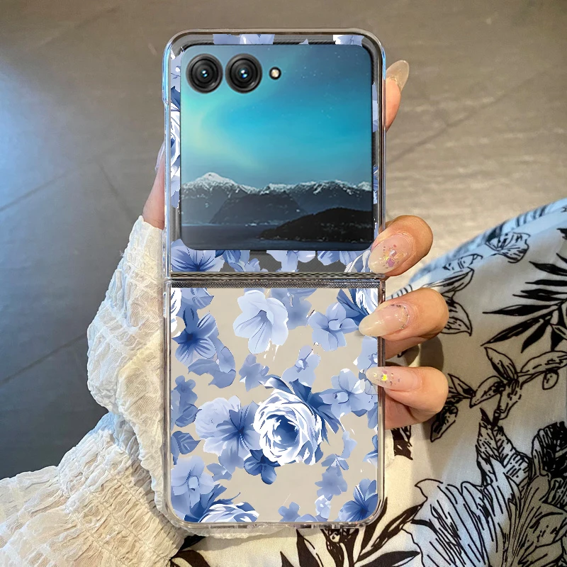 Capa Transparente Para Motorola Razr 60 Ultra Com Estampa Floral Azul, Resistente A Impactos.