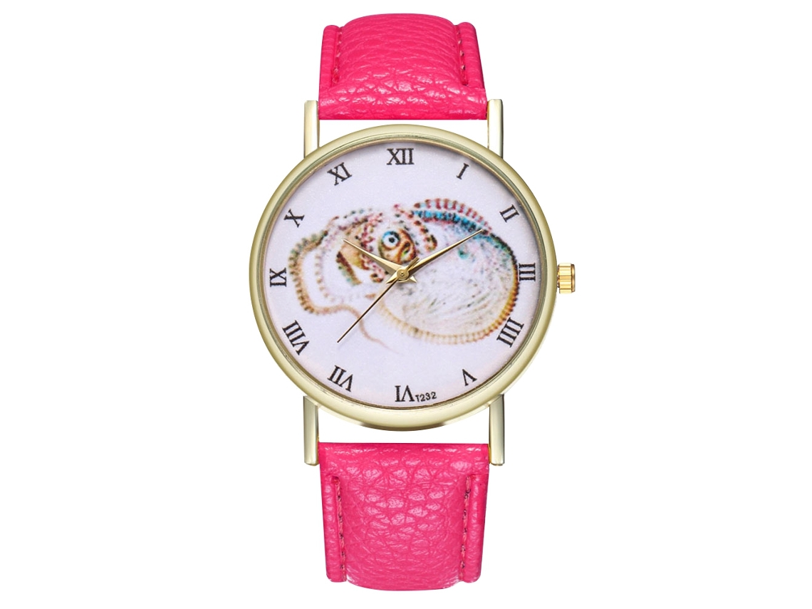 Relógio de pulso vintage de quartzo para mulheres e homens com pulseira de couro PU com estampa animal (vermelho e rosa)