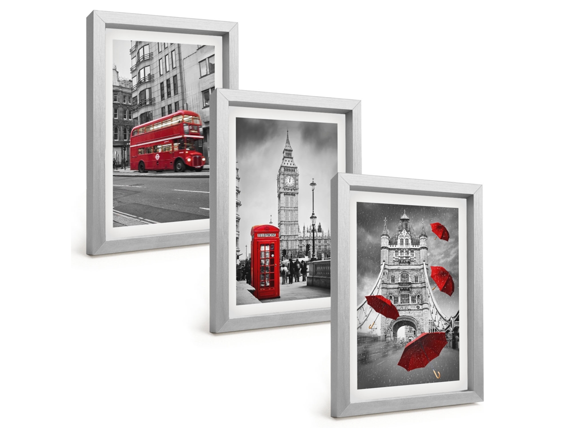 Um Conjunto De Imagens Decorativas Em Uma Molduradetalhes Em Vermelho, Londres Moldura Prateada Pinturas De Quarto Espelharte (3 Peças 20x30 Cm)