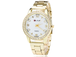 Relógio de pulso unissex, moderno e casual, com strass e pulseira de aço dourado.