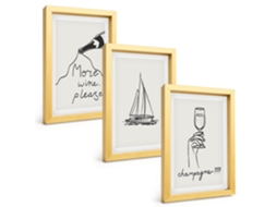 Pinturas Murais Modernasarte Linear Com Taça De Vinho E Veleiro Moldura Dourada Fotos Para O Corredor Espelharte (3 Peças 20x30 Cm)