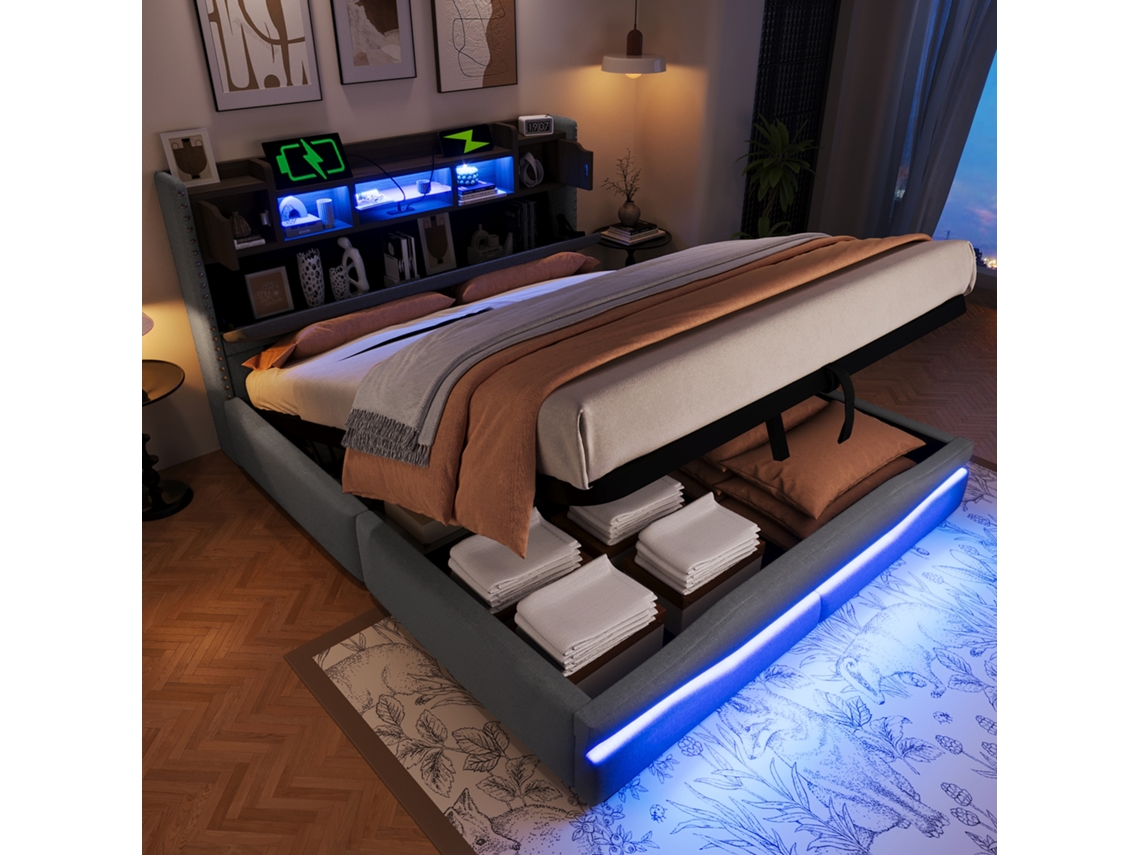 Cama Veludo 160x200 com Usb c Led Cabeceira e Elevação Moderna