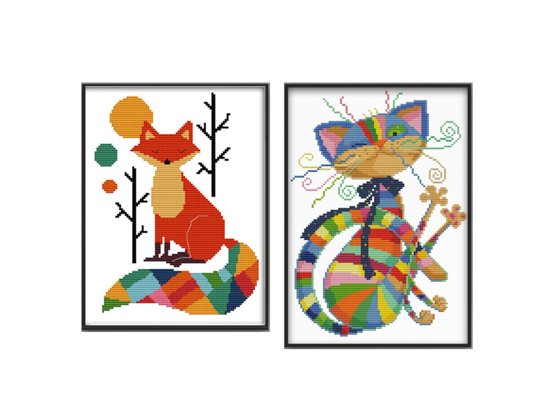 Kit De Bordado De Raposa Colorida Slowmoose (raposa Gato Colorido, Dois Por Conjunto)