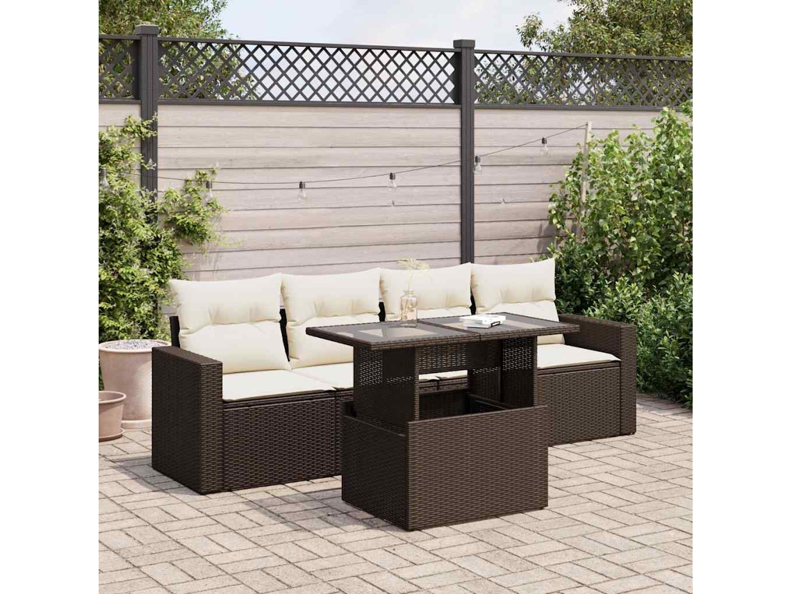 Vidaxl 5 Pcs Conjunto Sofás P/ Jardim C/ Almofadões Vime Pe Castanho