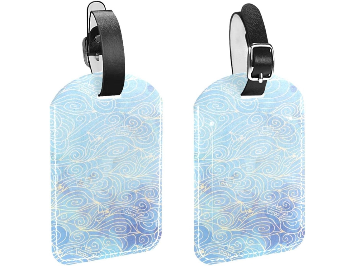 Conjunto De 2 Etiquetas Bagagem Em Couro Sintético Proteção Privacidade Design Ondas Do Mar Azul