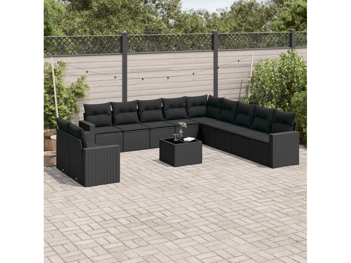 Vidaxl 12 Pcs Conjunto De Sofás De Jardim C/ Almofadões Vime Pe Preto