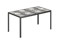 Mesa de jardim para 4-6 pessoas com tampo efeito madeira, em aço e plástico PS/PC (150x80x74 cm) cinza e preto BTFORUS