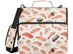 Tenho lápis de cor aquarela com estampa de sushi, salmão e mostarda, com um zíper, na altura do meu ombro e da minha mão, na água, 3