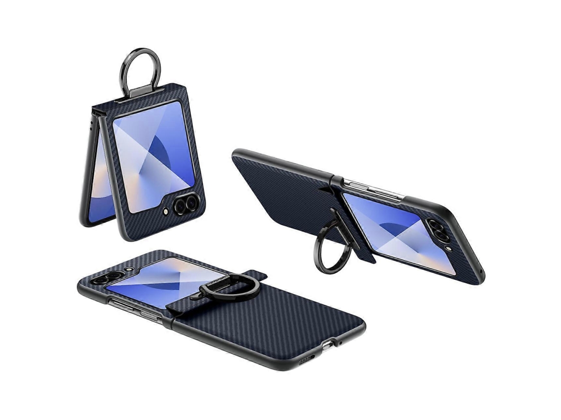 Capa Sulada Para Samsung Galaxy Z Flip6 5g Com Suporte De Anel E Fecho Magnético, Capa De Couro Para Pc Com Textura De Fibra De Carbono, Preta E Azul