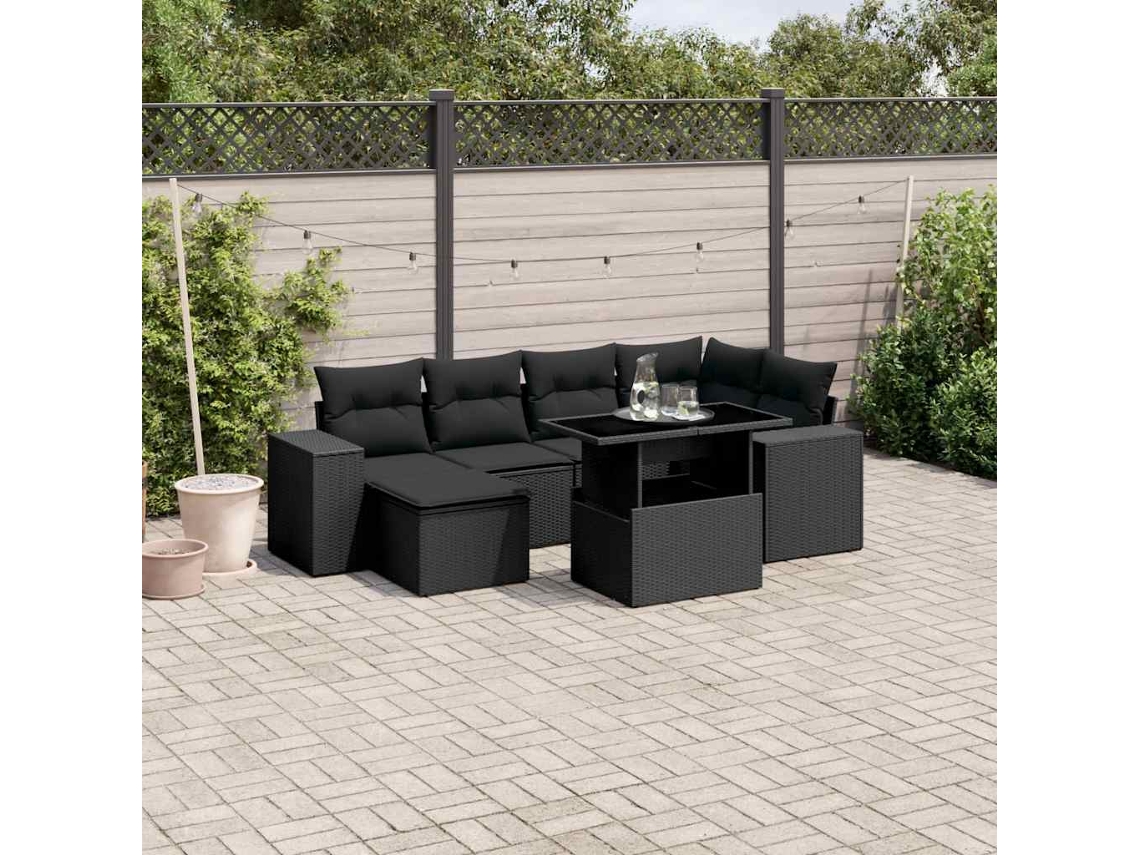 Vidaxl 7 Pcs Conjunto De Sofás P/ Jardim C/ Almofadões Vime Pe Preto