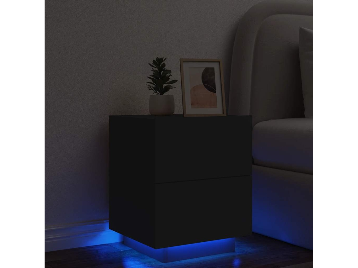 Vidaxl Mesa De Cabeceira Com Luzes Led Derivados De Madeira Preto