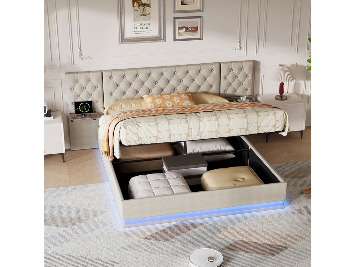Cama De Casal Veyrixan 160x200 Bege - Cama Hidráulica Com Armazenamento, Led Rgb, Carregador Usb E Cabeceira Macia (25kg Prateleira)
