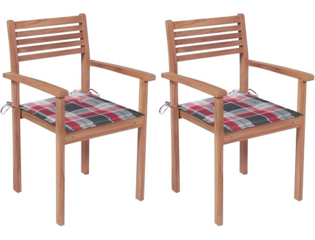 Cadeiras jardim c/ almofadões xadrez vermelho 2 pcs teca maciça
