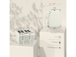 Conjunto Chaleira e Torradeira 1,7l, 2200w, Termostato Strix, Filtro, Torradeira 4 Ranhuras, 7 Níveis e Bandeja de Migalhas Integrada.